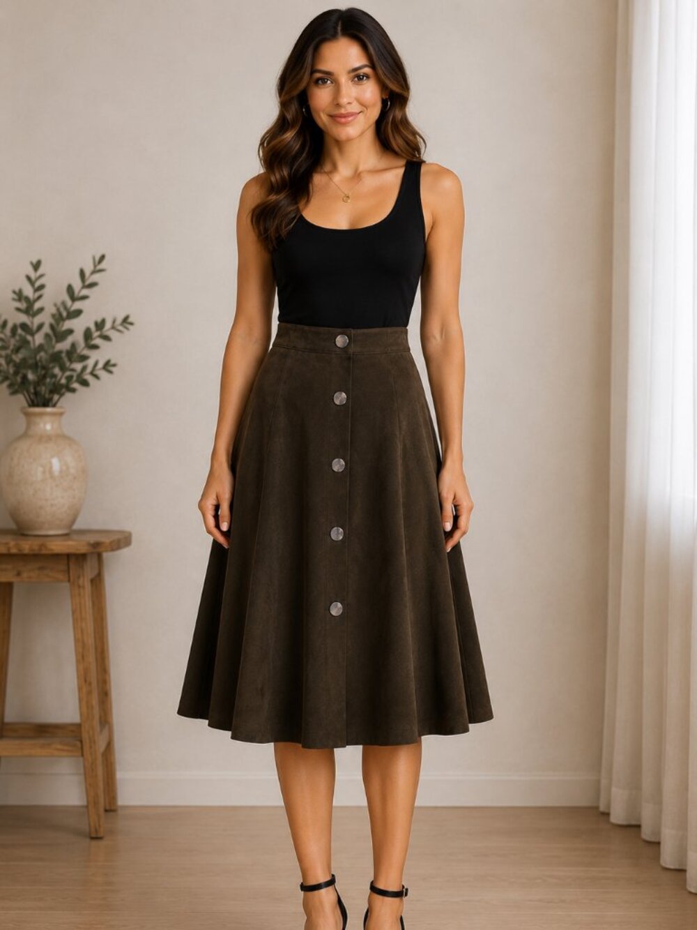 Zara Basic Women's Olive Green Faux Suede Button Front Skirt – Size Small